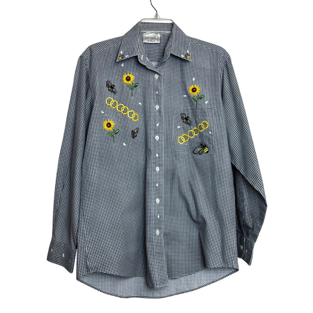 Hot Dames Button Shirt Blouse Bee Sunflower Embroidery Black White 90s Vintage L